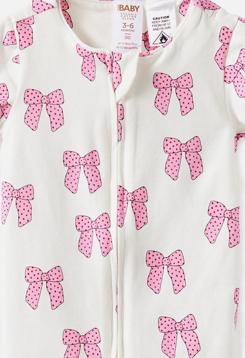 Cotton On - 2 Pack Growie Short Sleeve Zip Romper - Vanilla/Pretty Bows & Vanilla/Sweet Blooms