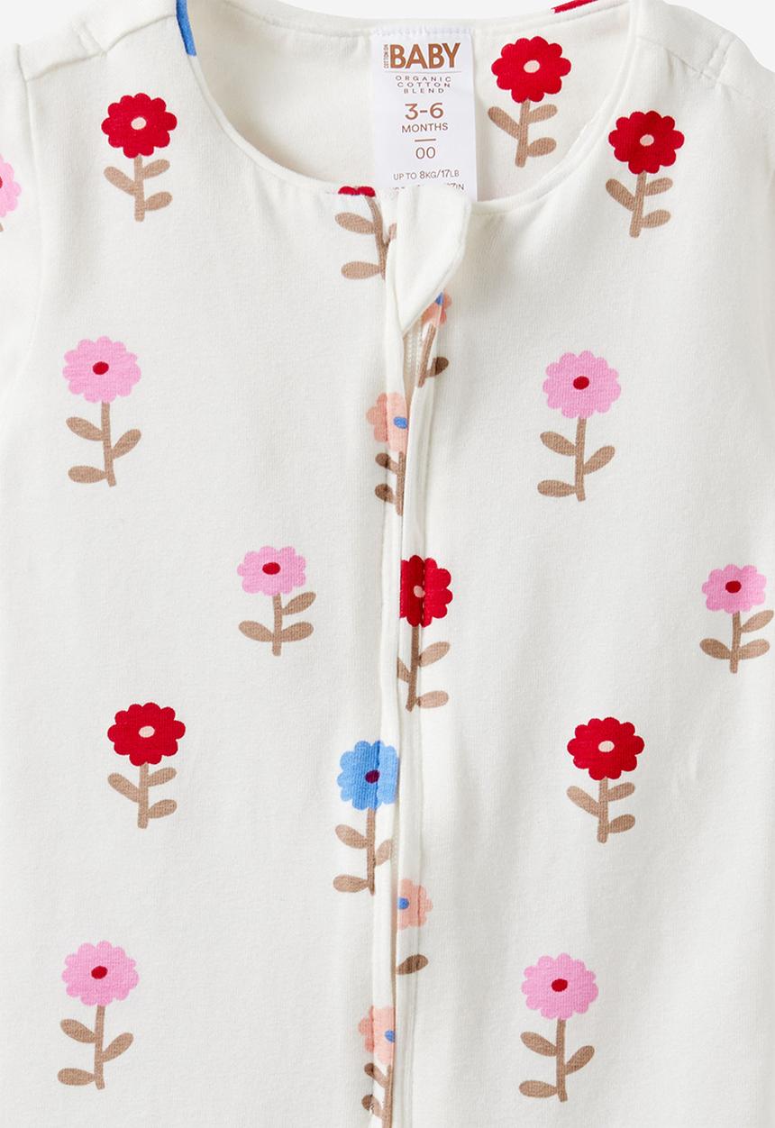 Cotton On - 2 Pack Growie Short Sleeve Zip Romper - Vanilla/Pretty Bows & Vanilla/Sweet Blooms