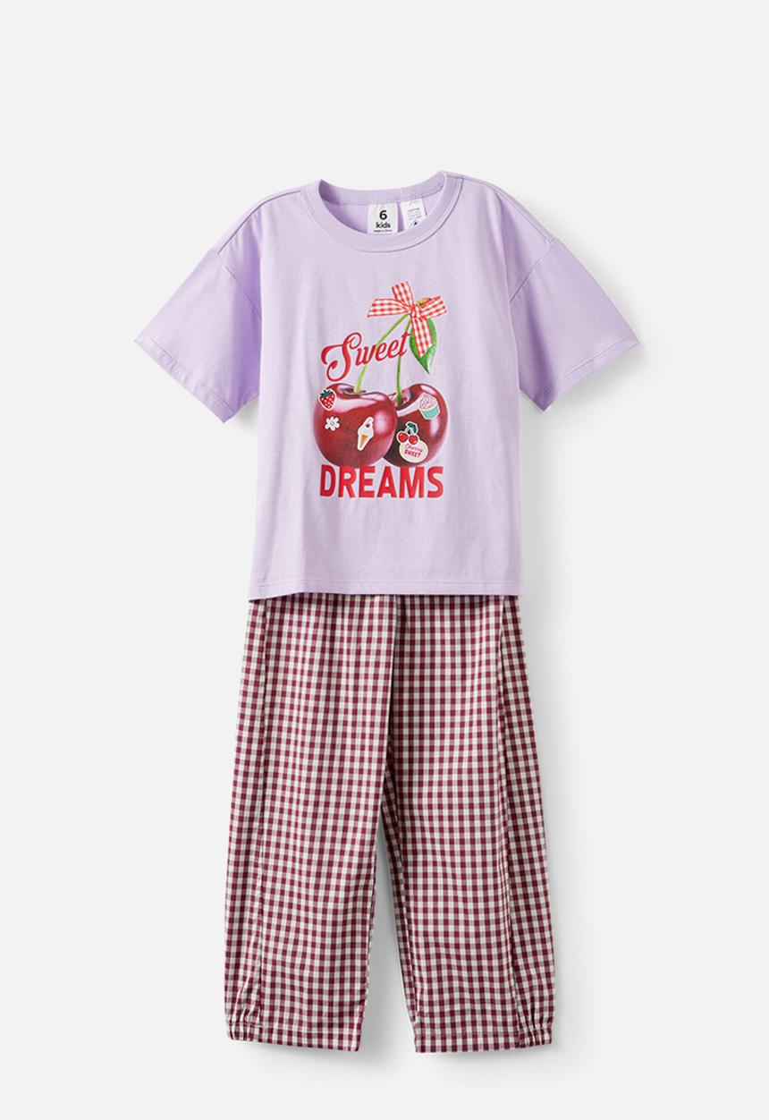 Cotton On - Sleep Tee & Poplin Pant Pj Set - Vintage Lilac/Berry Jam Gingham