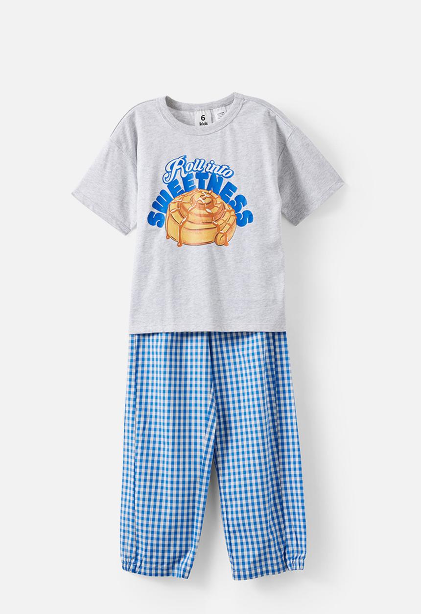 Cotton On - Sleep Tee & Poplin Pant Pj Set - Grey Marle/Harbour Blue Gingham