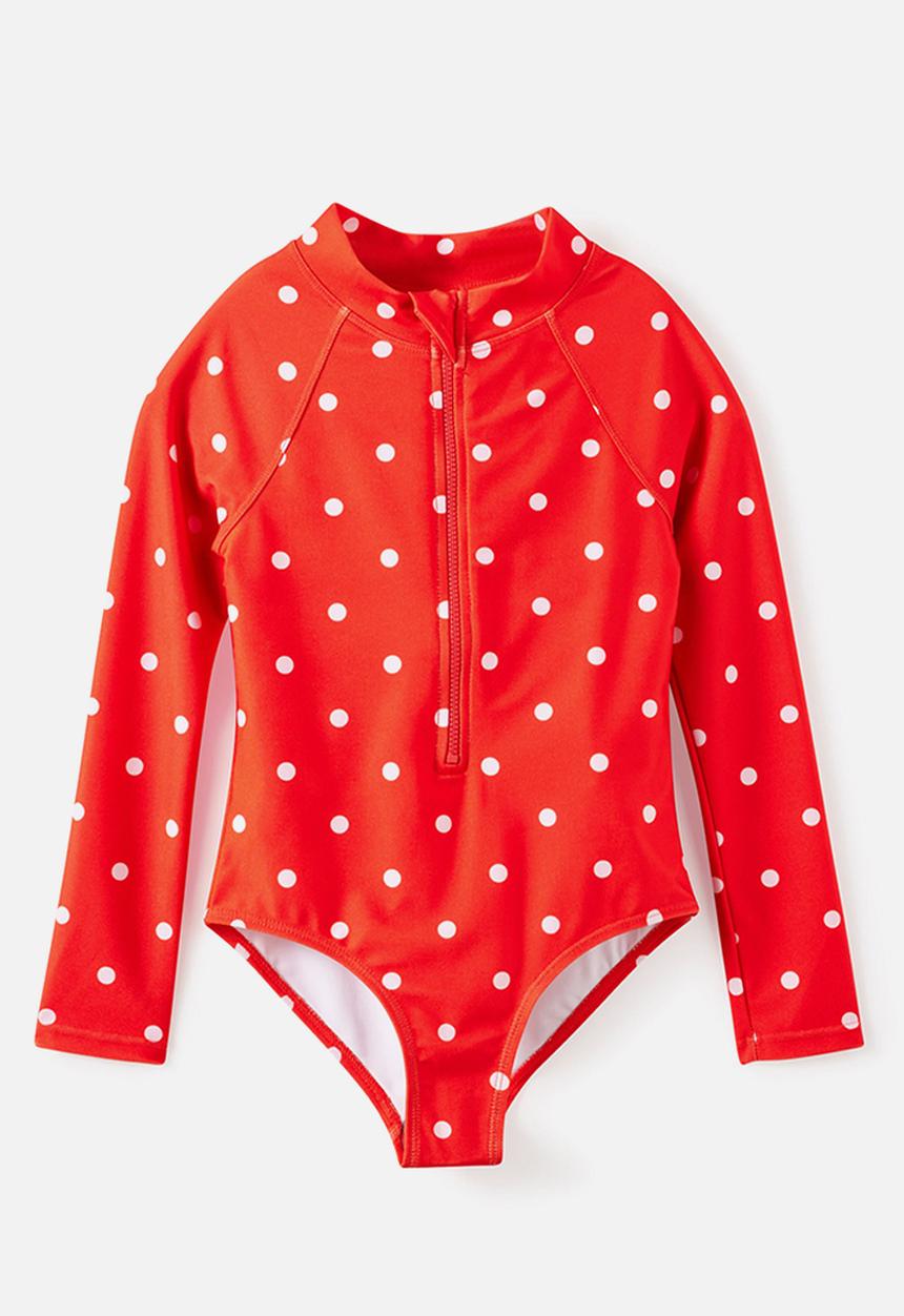 Cotton On - Long Sleeve One Piece Swimsuit - Pop Red/Ballet Pink Polkadot