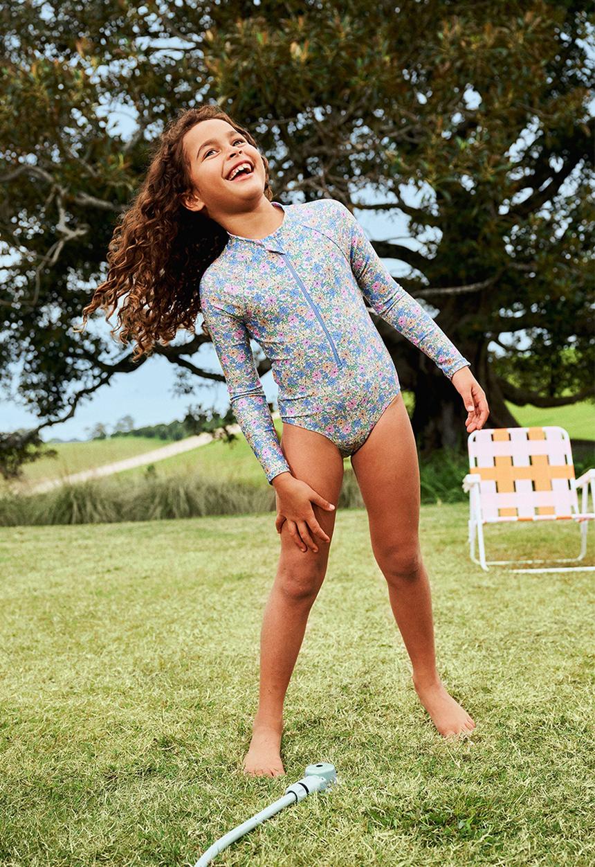 Cotton On - Long Sleeve One Piece Swimsuit - Blue Bonnet/Floral