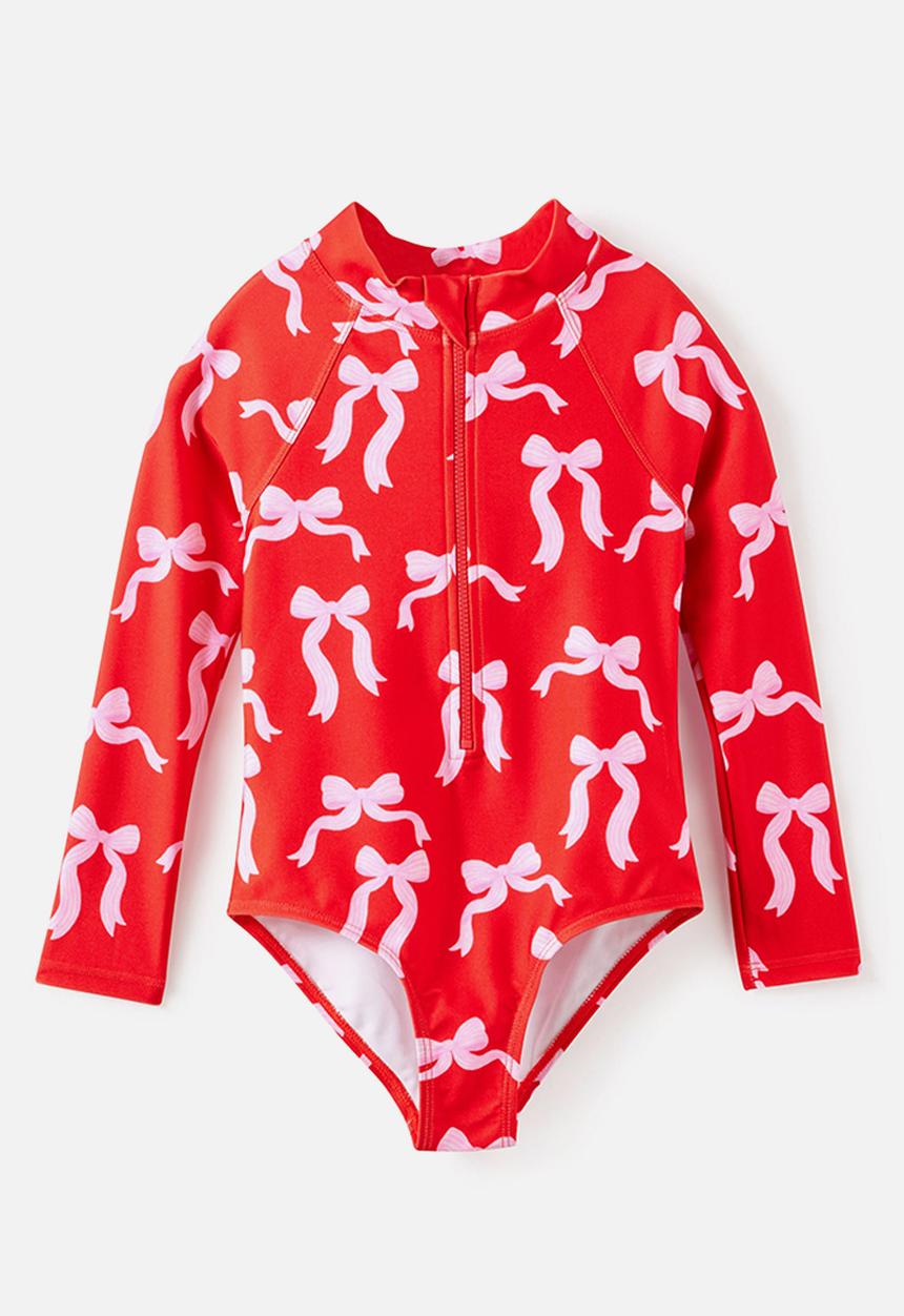 Cotton On - Long Sleeve One Piece Swimsuit - Pop Red/Bows