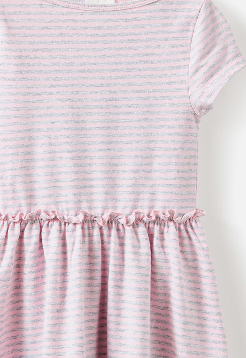 Cotton On - Boat Neck Frill Short Sleeve Dress - Ballet Pink/Grey Marle Stripe