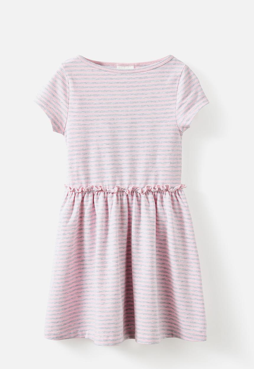 Cotton On - Boat Neck Frill Short Sleeve Dress - Ballet Pink/Grey Marle Stripe