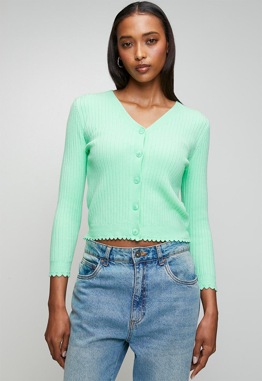 Stella Morgan - 3/4 Sleeve V-Neck Button Through Cardi With Scallop Hem - Mint