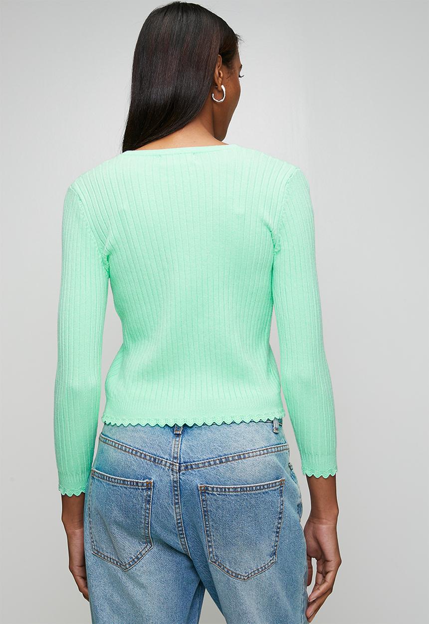 Stella Morgan - 3/4 Sleeve V-Neck Button Through Cardi With Scallop Hem - Mint