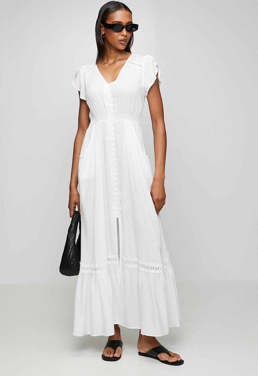 Stella Morgan - Cap Sleeve With Flutter V-Neck Button Through Maxi Plain Colour Maxi Dress With Ladder Lace Trim - White