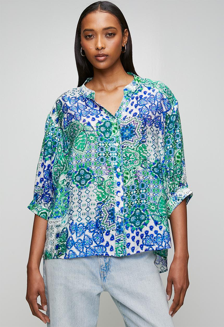 MANDI - Half Sleeve Batwing Easy Wearing Sheer Printed Blouse - Multi Green