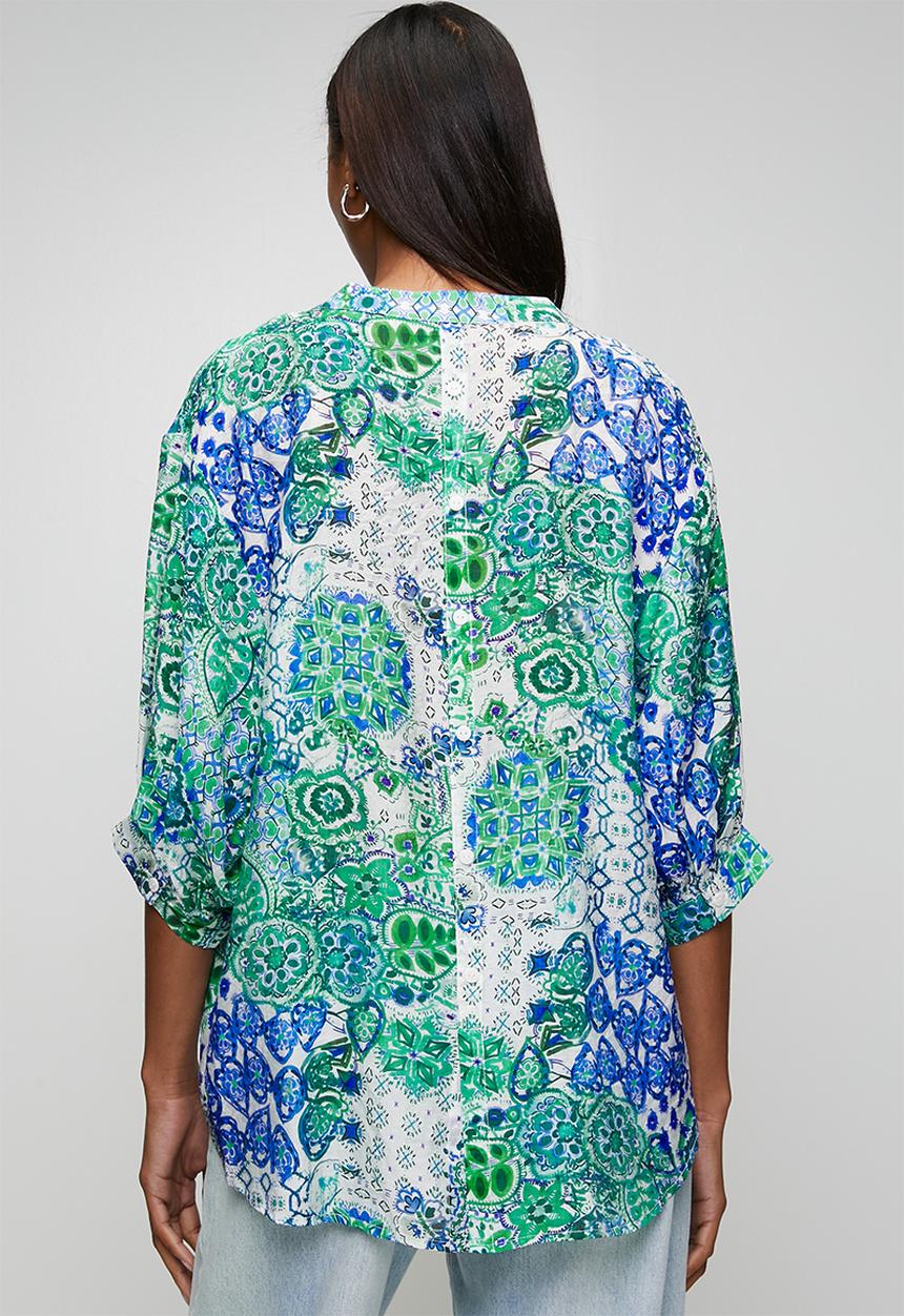 MANDI - Half Sleeve Batwing Easy Wearing Sheer Printed Blouse - Multi Green