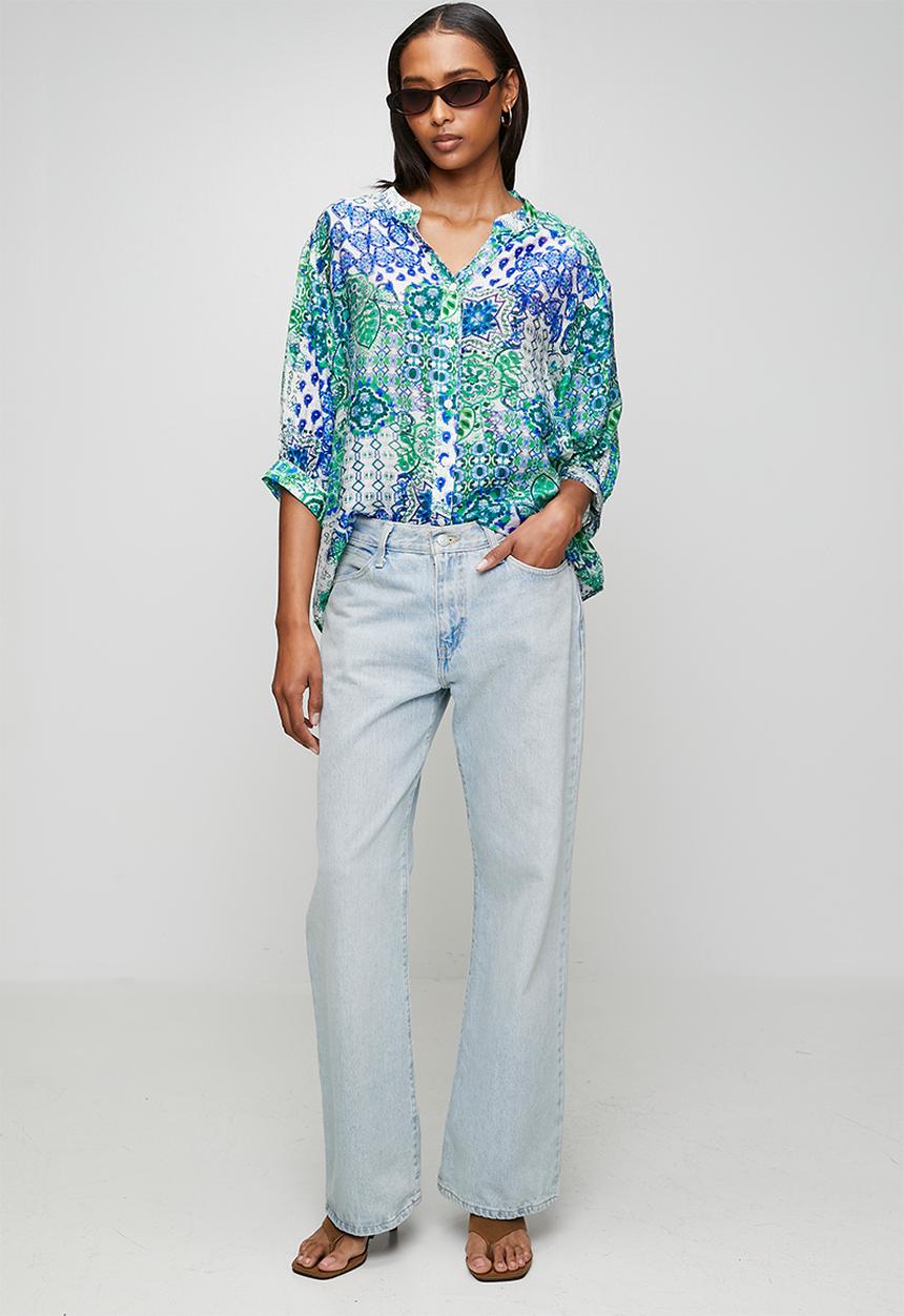 MANDI - Half Sleeve Batwing Easy Wearing Sheer Printed Blouse - Multi Green