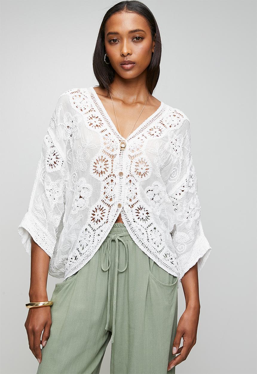 MANDI - Easy Wearing Batwing Sleeve Crochet 3 Buttoned Top - Ivory