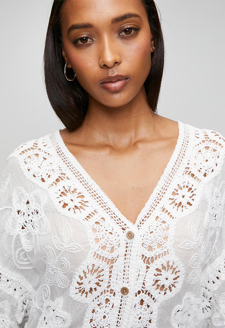 MANDI - Easy Wearing Batwing Sleeve Crochet 3 Buttoned Top - Ivory