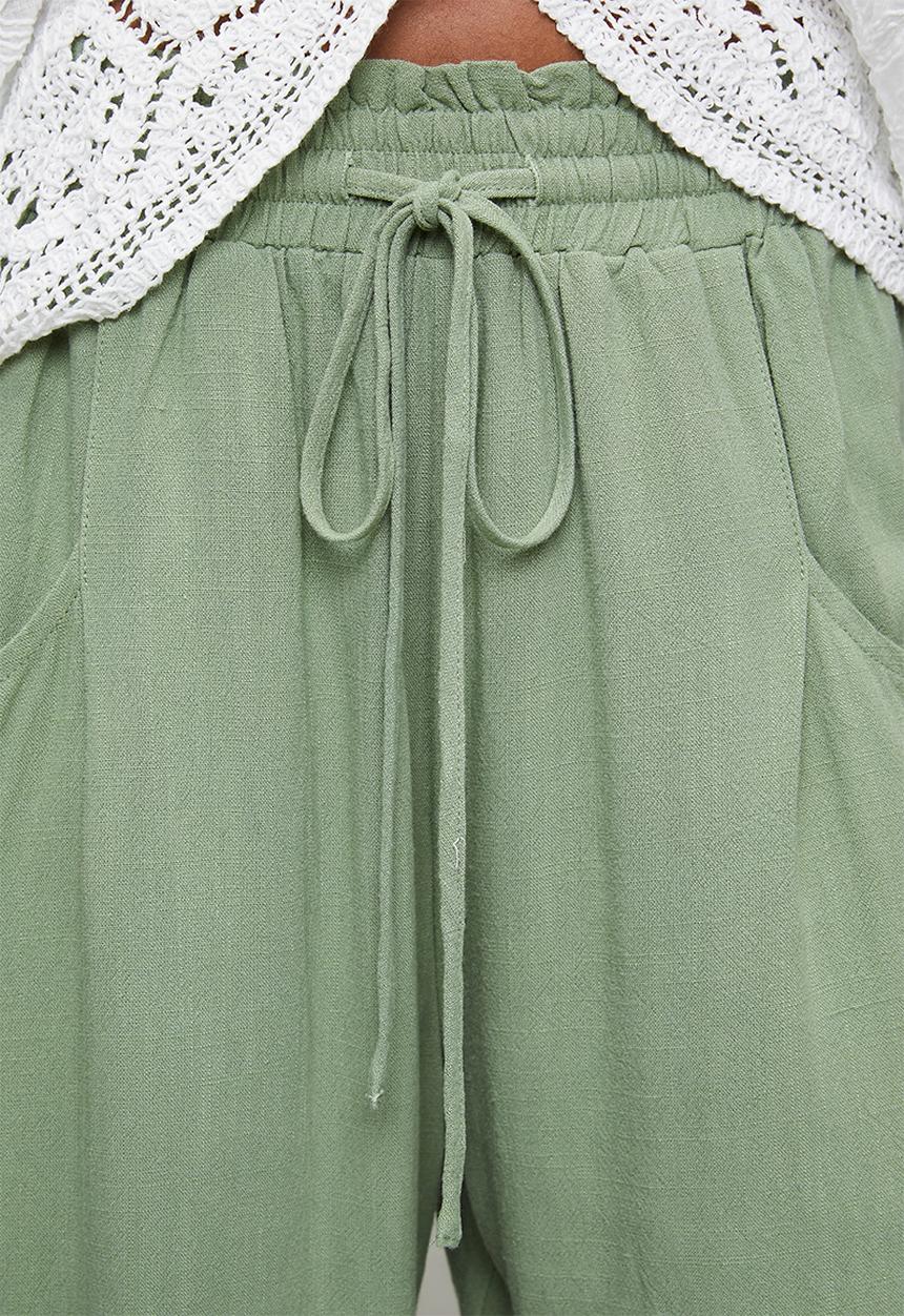 Izabel London - 3/4 Length Drawcord Straight Leg Pant - Sage