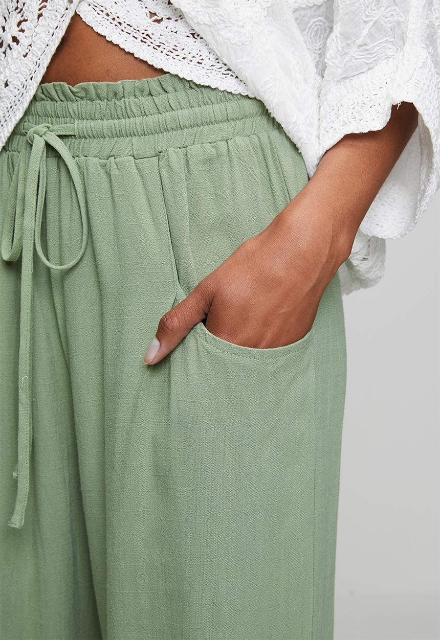 Izabel London - 3/4 Length Drawcord Straight Leg Pant - Sage