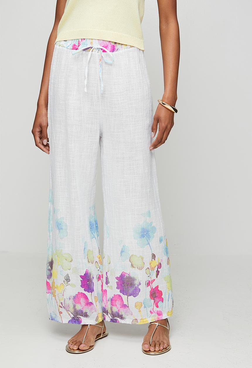 Izabel London - High Waist Drawcord Wide Leg Printed Easy Wearing Pant - White