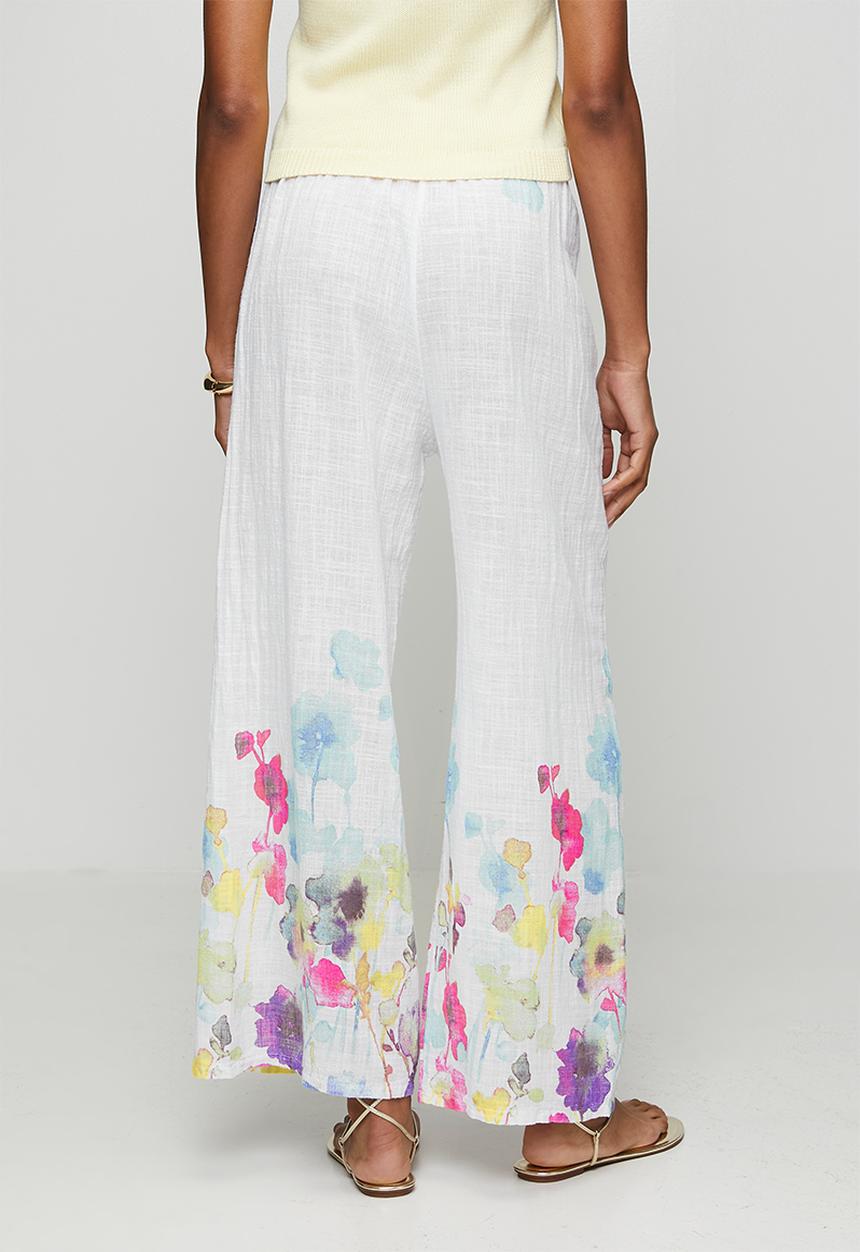 Izabel London - High Waist Drawcord Wide Leg Printed Easy Wearing Pant - White