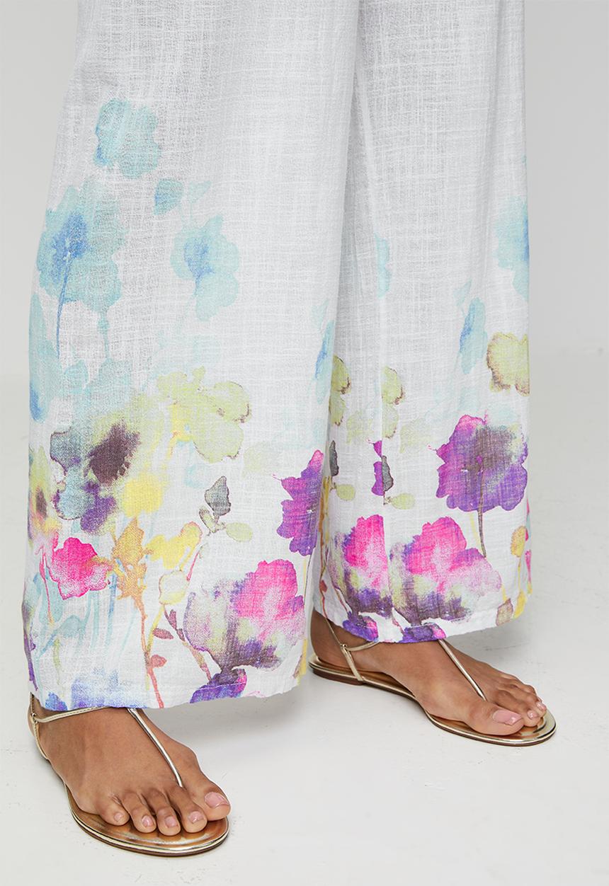 Izabel London - High Waist Drawcord Wide Leg Printed Easy Wearing Pant - White
