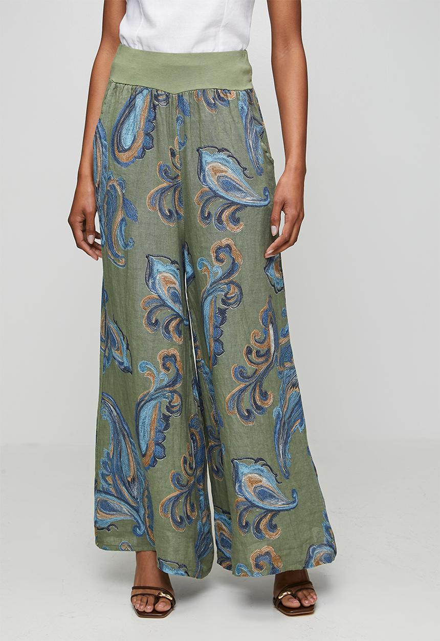 Izabel London - Printed Linen Flare Leg Pant With Elastic At Waist - Sage