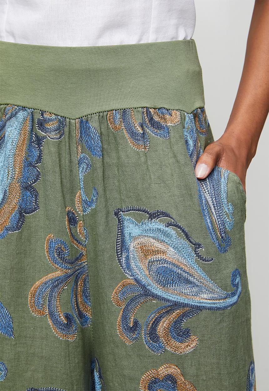 Izabel London - Printed Linen Flare Leg Pant With Elastic At Waist - Sage