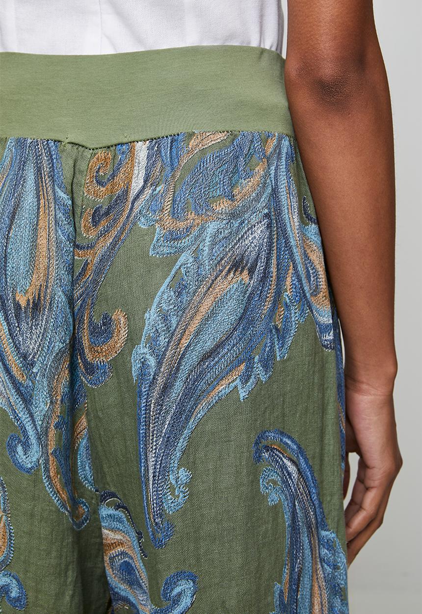 Izabel London - Printed Linen Flare Leg Pant With Elastic At Waist - Sage