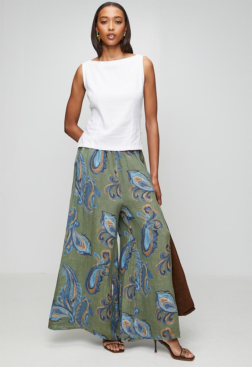 Izabel London - Printed Linen Flare Leg Pant With Elastic At Waist - Sage