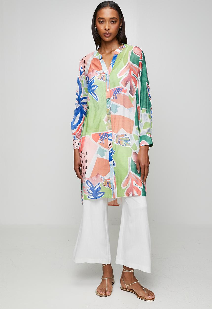 Izabel London - L/S Button Through High Low Sheer Printed Blouse - Assorted
