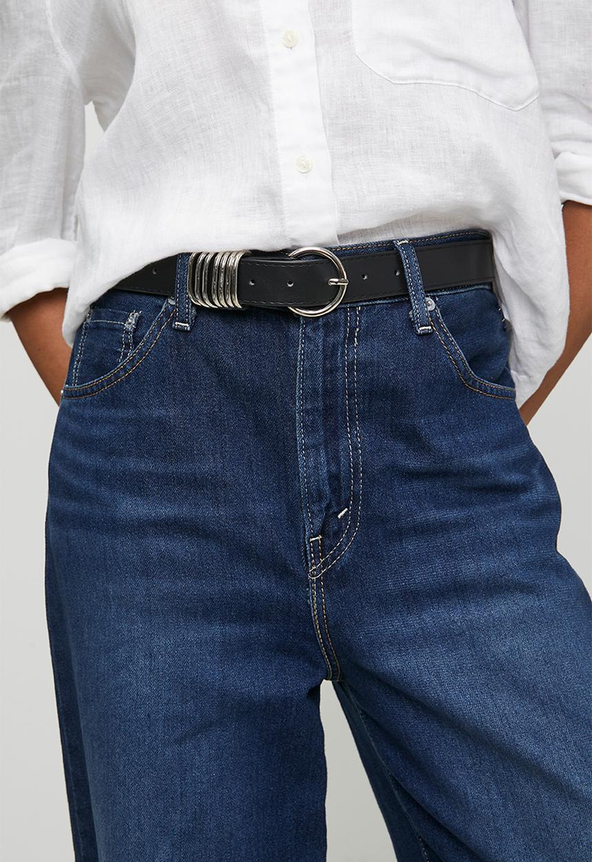 Tessa Design - Lennox Stacked Silver Metal Slim Belt With Round Buckle - Black