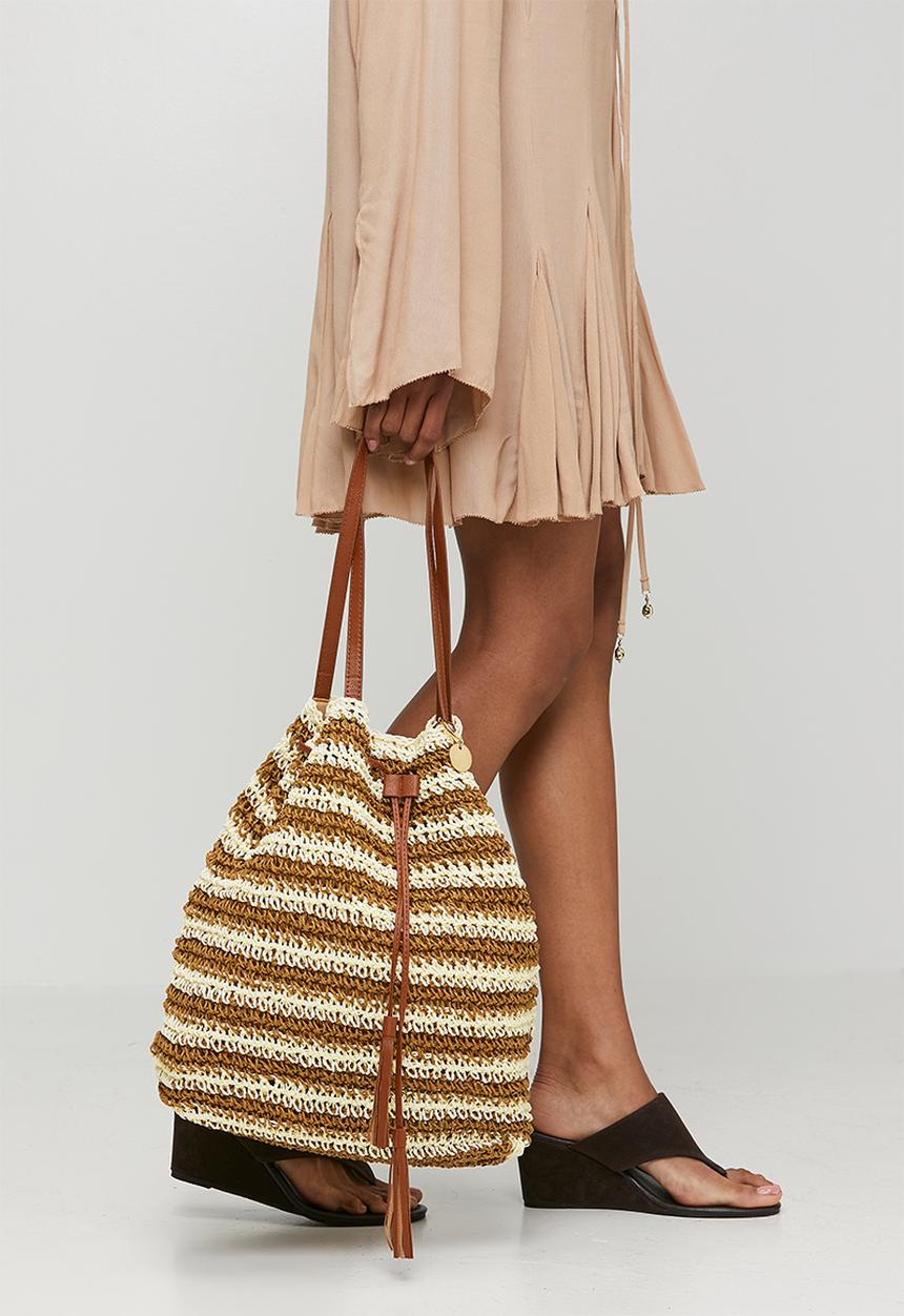 Tessa Design - Lanae Crochet Drawstring Bucket Bag - Natural