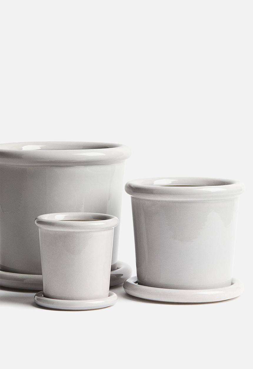 H&M - Extra-small stoneware plant pot with saucer - light grey