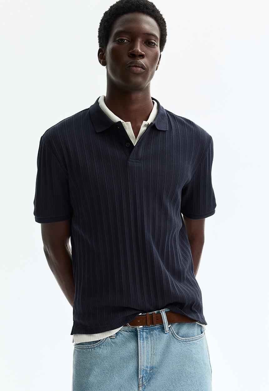 H&M - Slim fit textured jersey polo shirt - navy blue