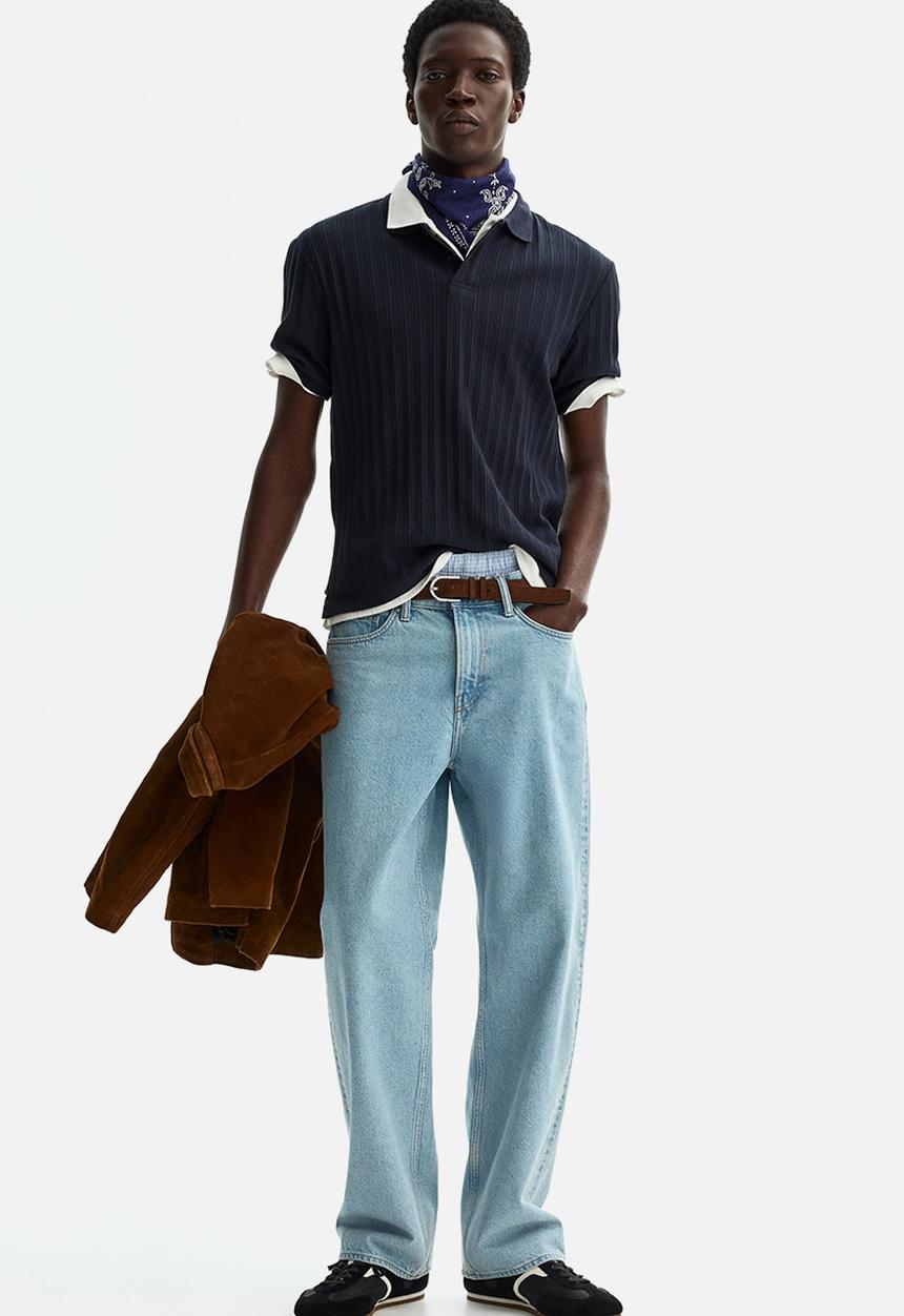 H&M - Slim fit textured jersey polo shirt - navy blue