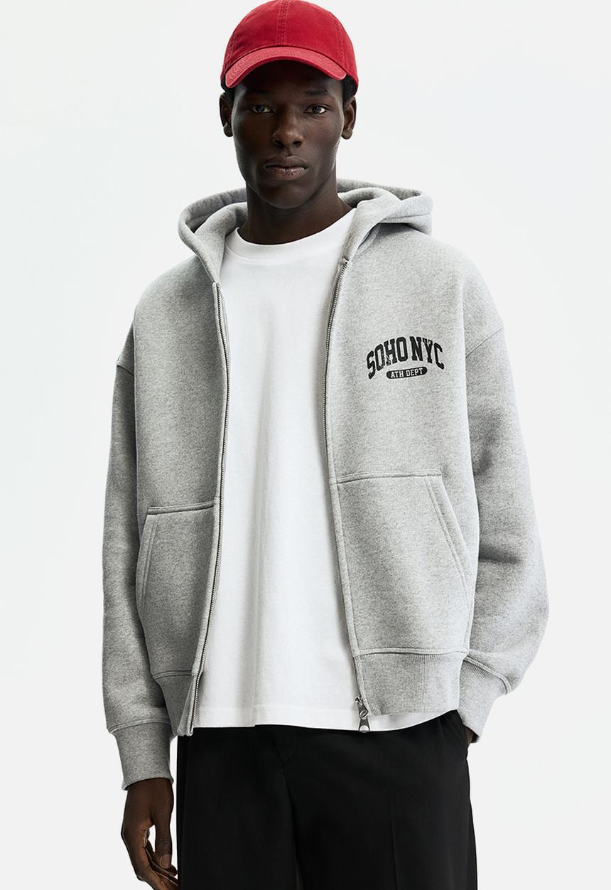 H&M - Oversized fit printed zip-through hoodie - grey marl/soho nyc
