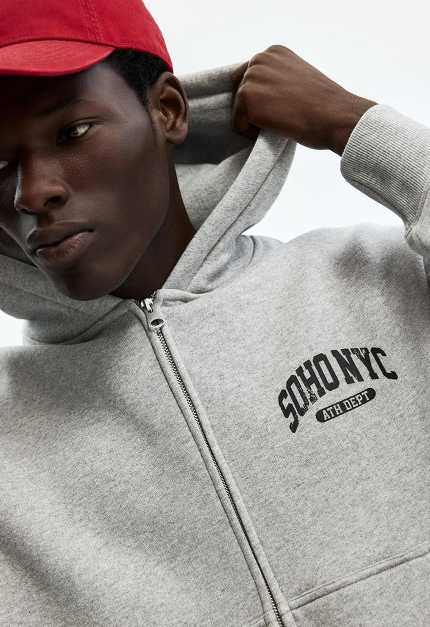 H&M - Oversized fit printed zip-through hoodie - grey marl/soho nyc