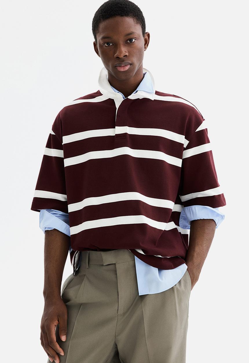 H&M - Loose fit cotton polo shirt - burgundy/striped