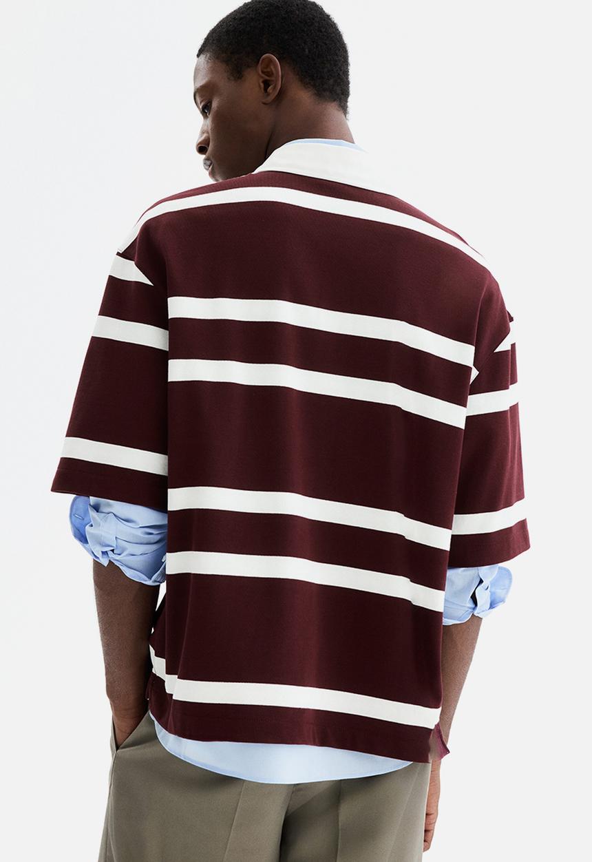 H&M - Loose fit cotton polo shirt - burgundy/striped