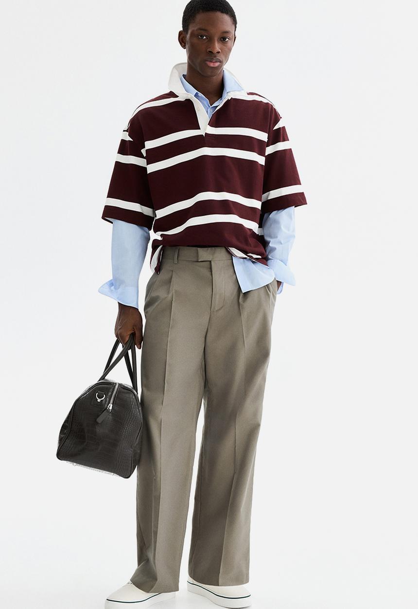 H&M - Loose fit cotton polo shirt - burgundy/striped