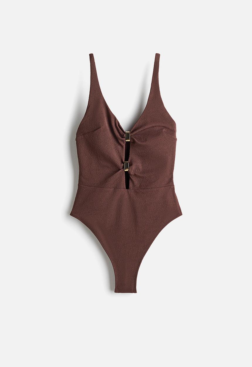 H&M - Padded-cup high leg swimsuit - dark brown