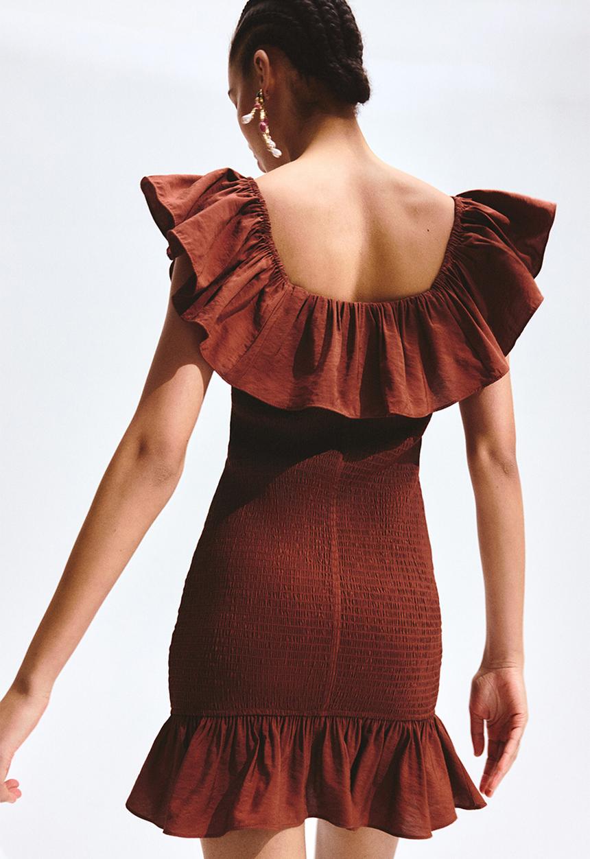 H&M - Flounced off-the-shoulder dress - rust brown