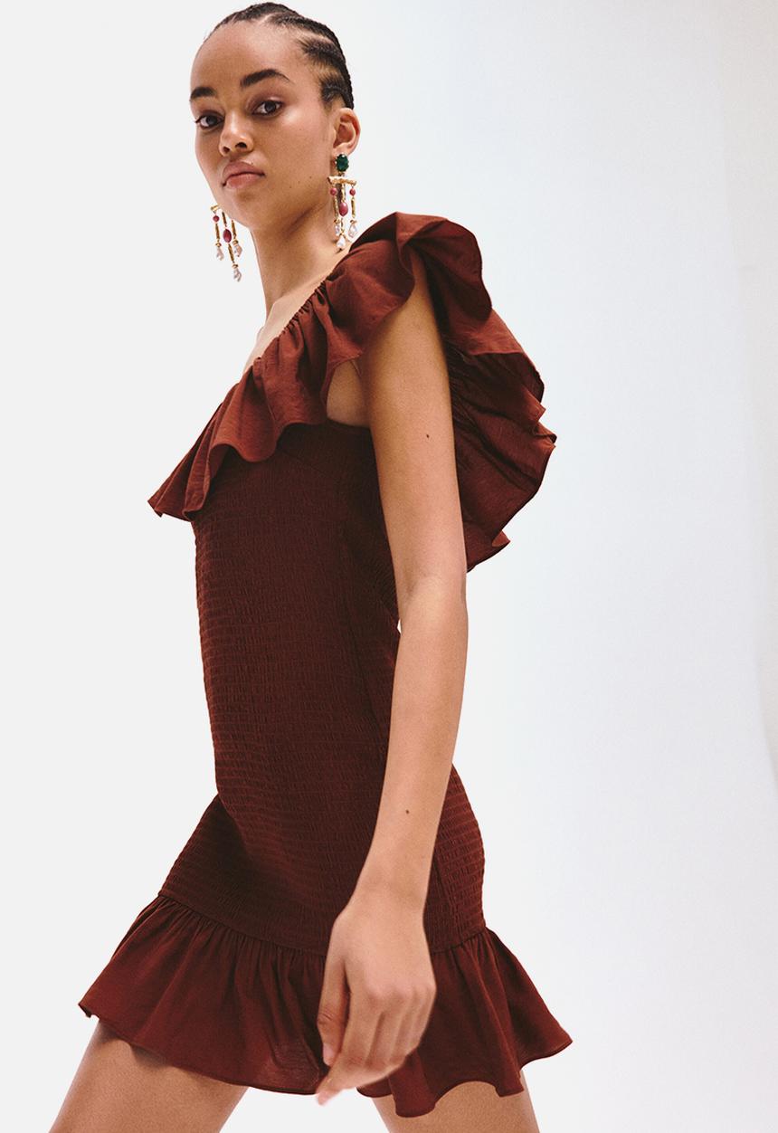 H&M - Flounced off-the-shoulder dress - rust brown