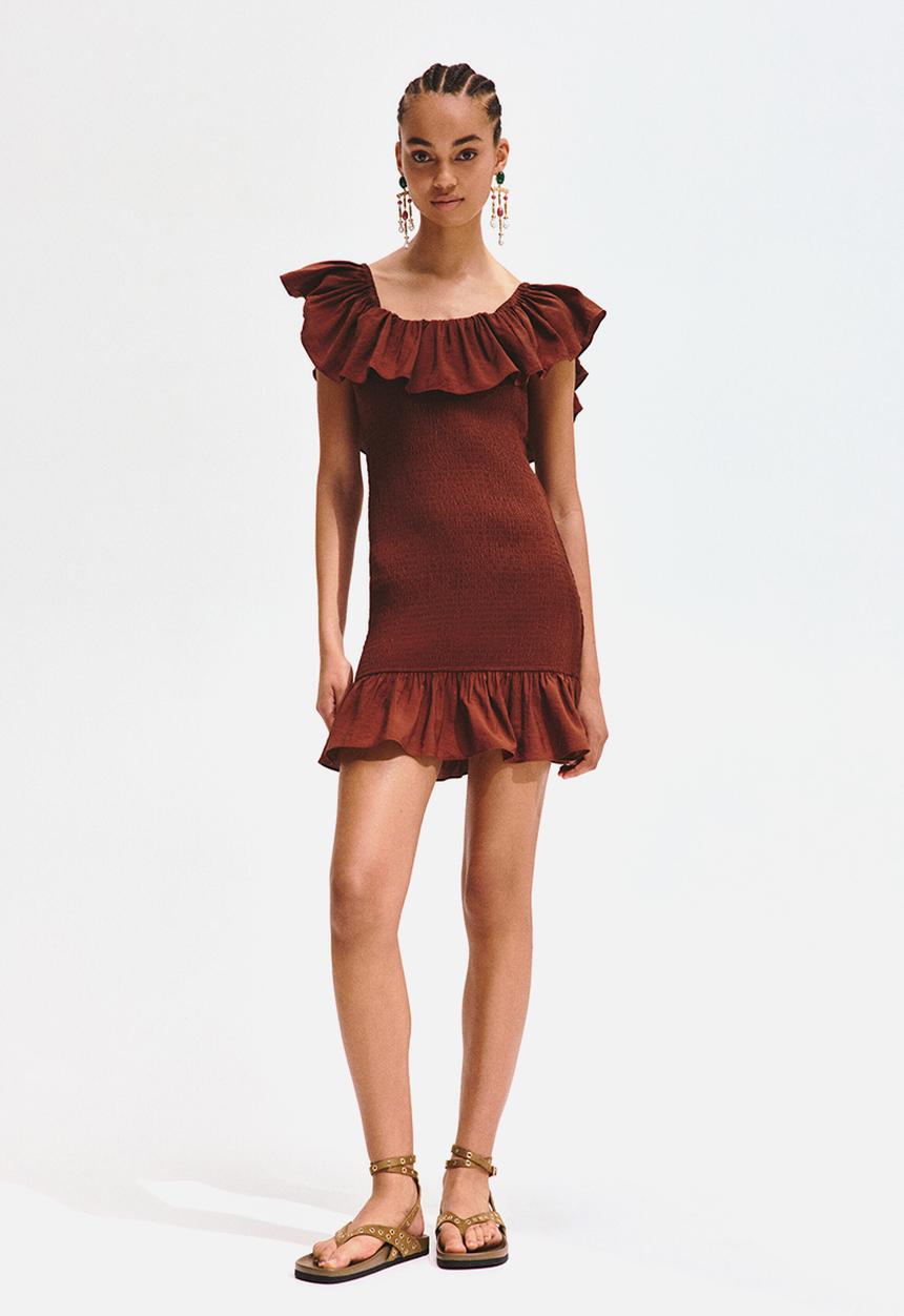 H&M - Flounced off-the-shoulder dress - rust brown