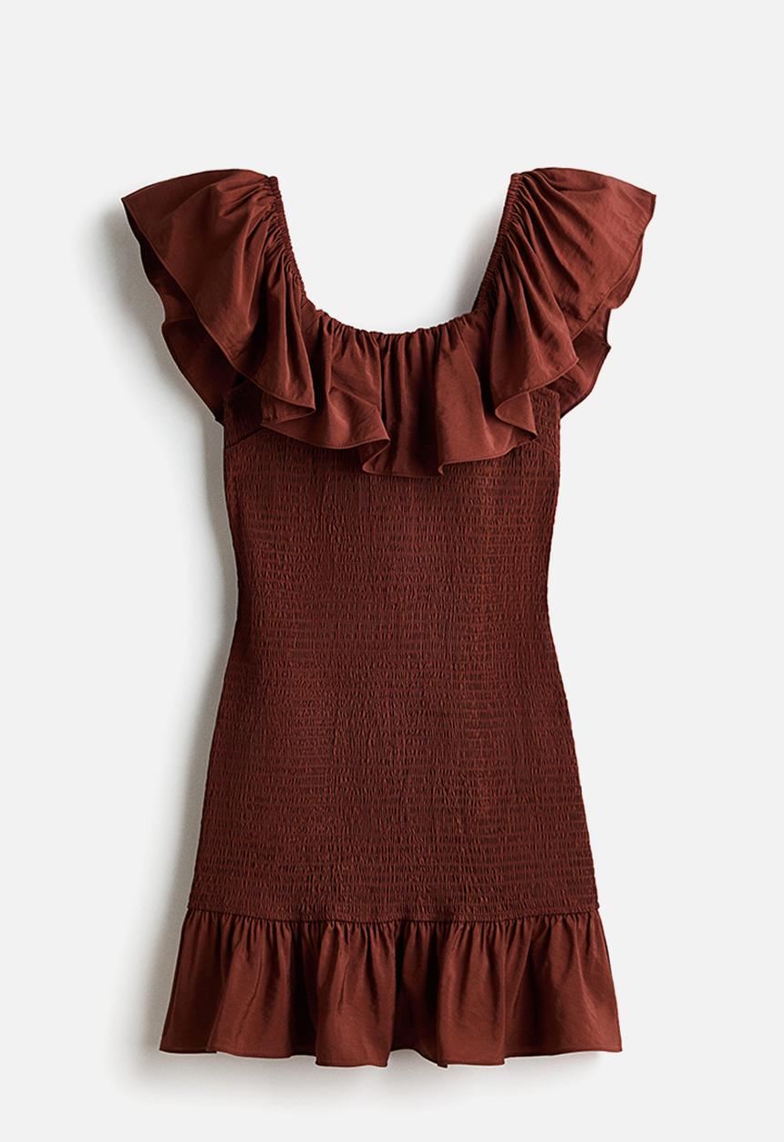 H&M - Flounced off-the-shoulder dress - rust brown