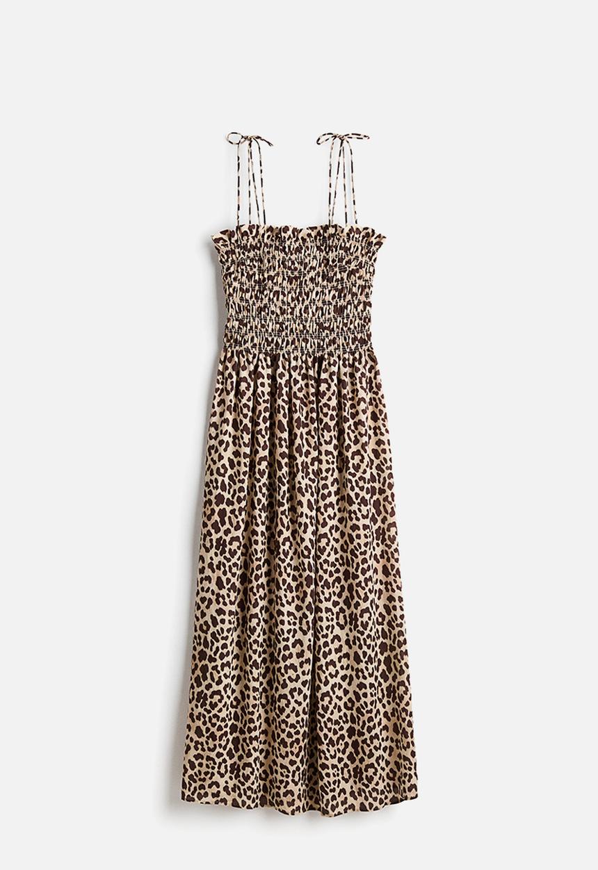 H&M - Smocked-bodice tie-strap dress - beige/leopard print