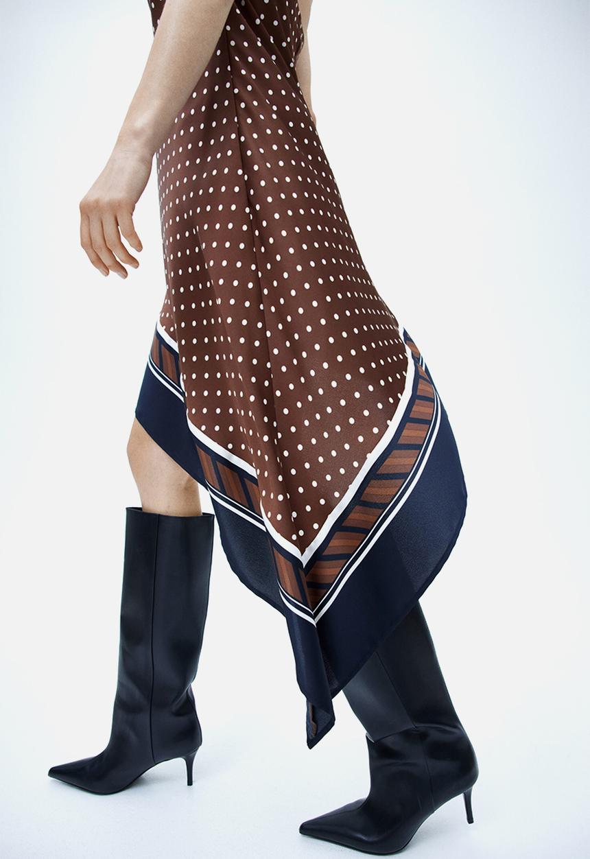 H&M - Asymmetric satin halterneck dress - brown/polka dot