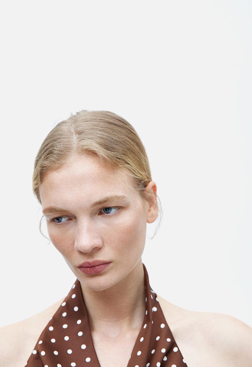 H&M - Asymmetric satin halterneck dress - brown/polka dot