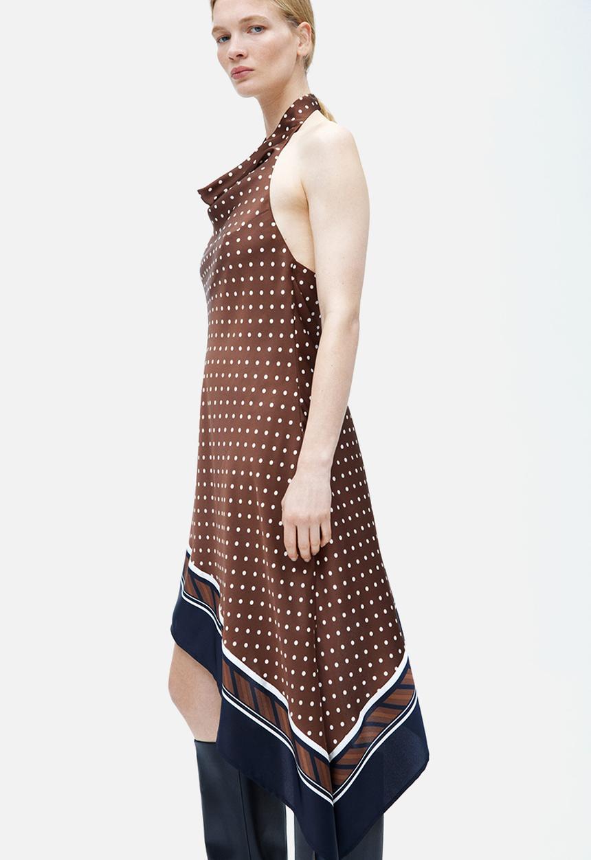 H&M - Asymmetric satin halterneck dress - brown/polka dot