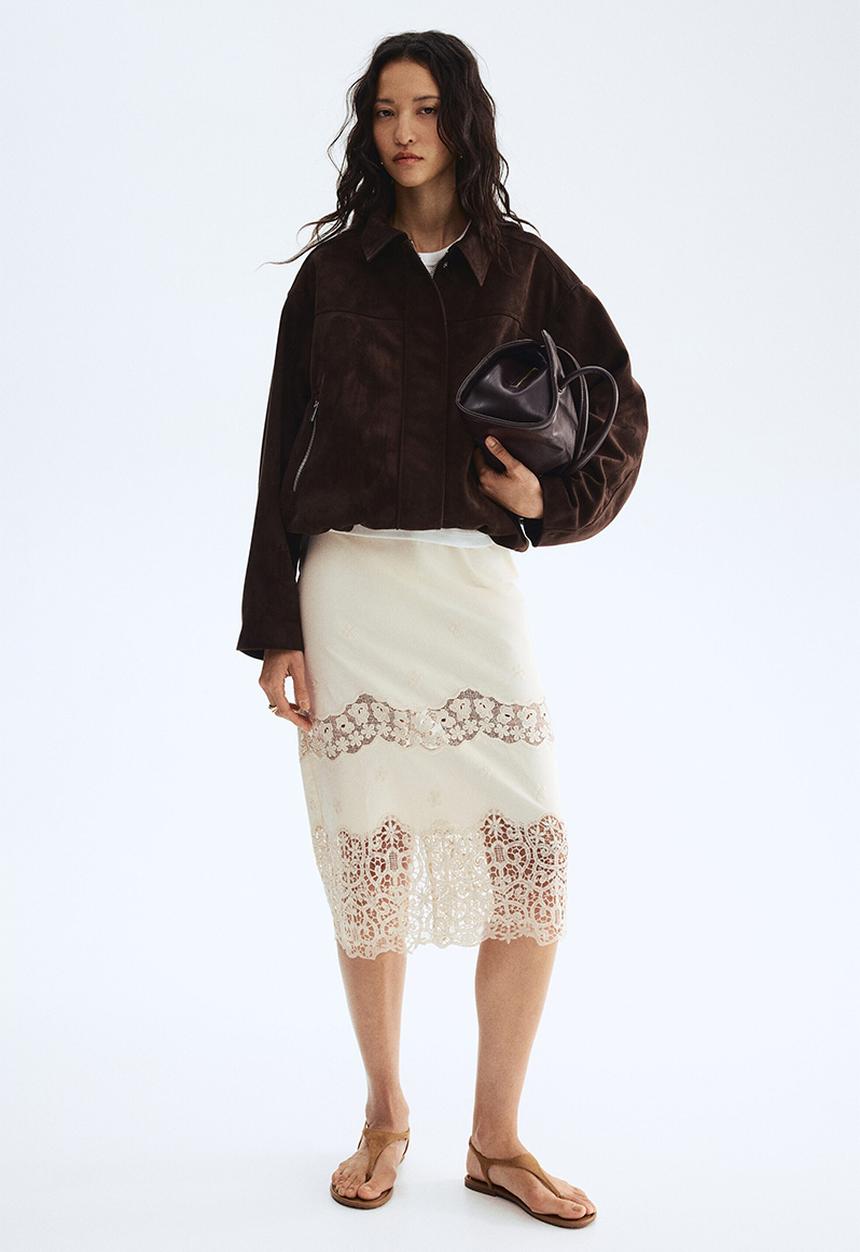 H&M - Embroidered cotton skirt - light beige