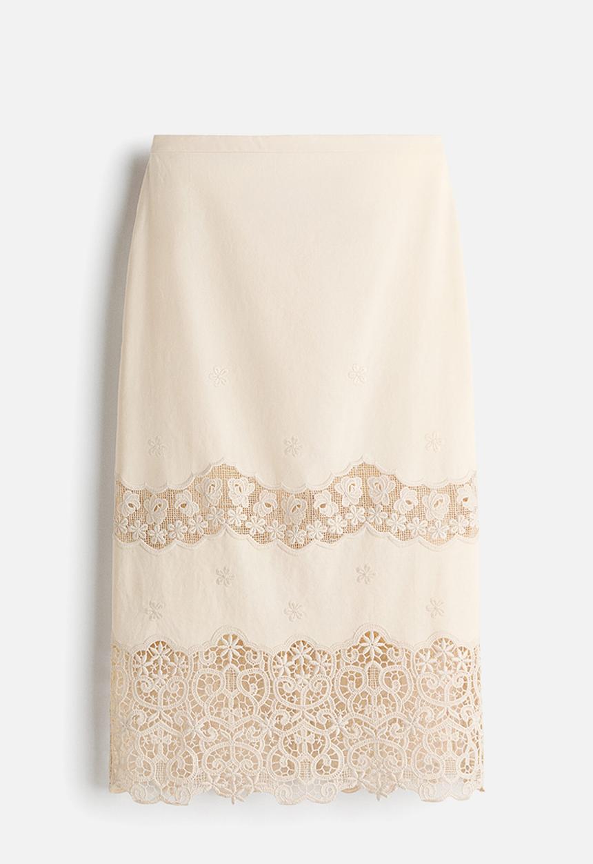 H&M - Embroidered cotton skirt - light beige