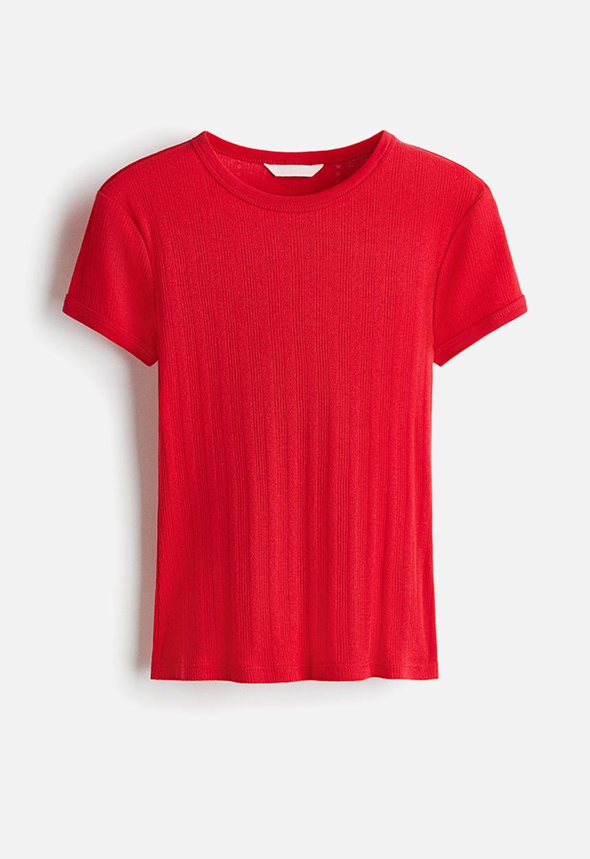 H&M - Pointelle-knit T-shirt - bright red