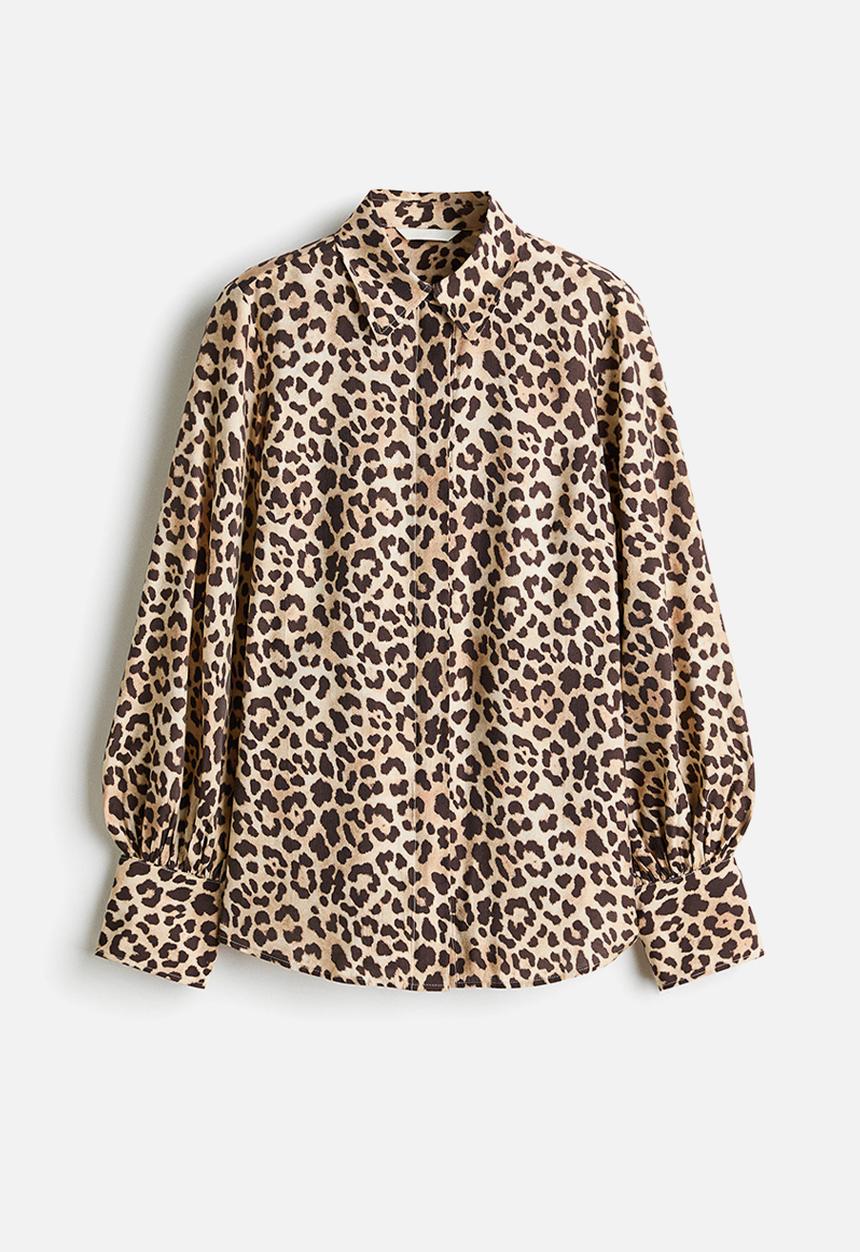 H&M - Balloon-sleeved shirt - beige/leopard print